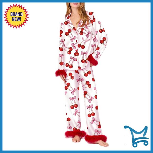 Silk Satin Pajama Set Long Sleeve Feather Trim Lounge Wear